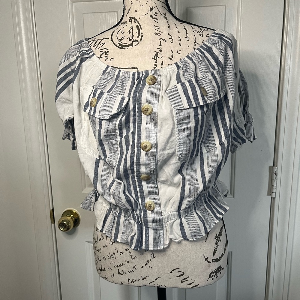 American Eagle Ruffle Blue and White Striped Crop Top